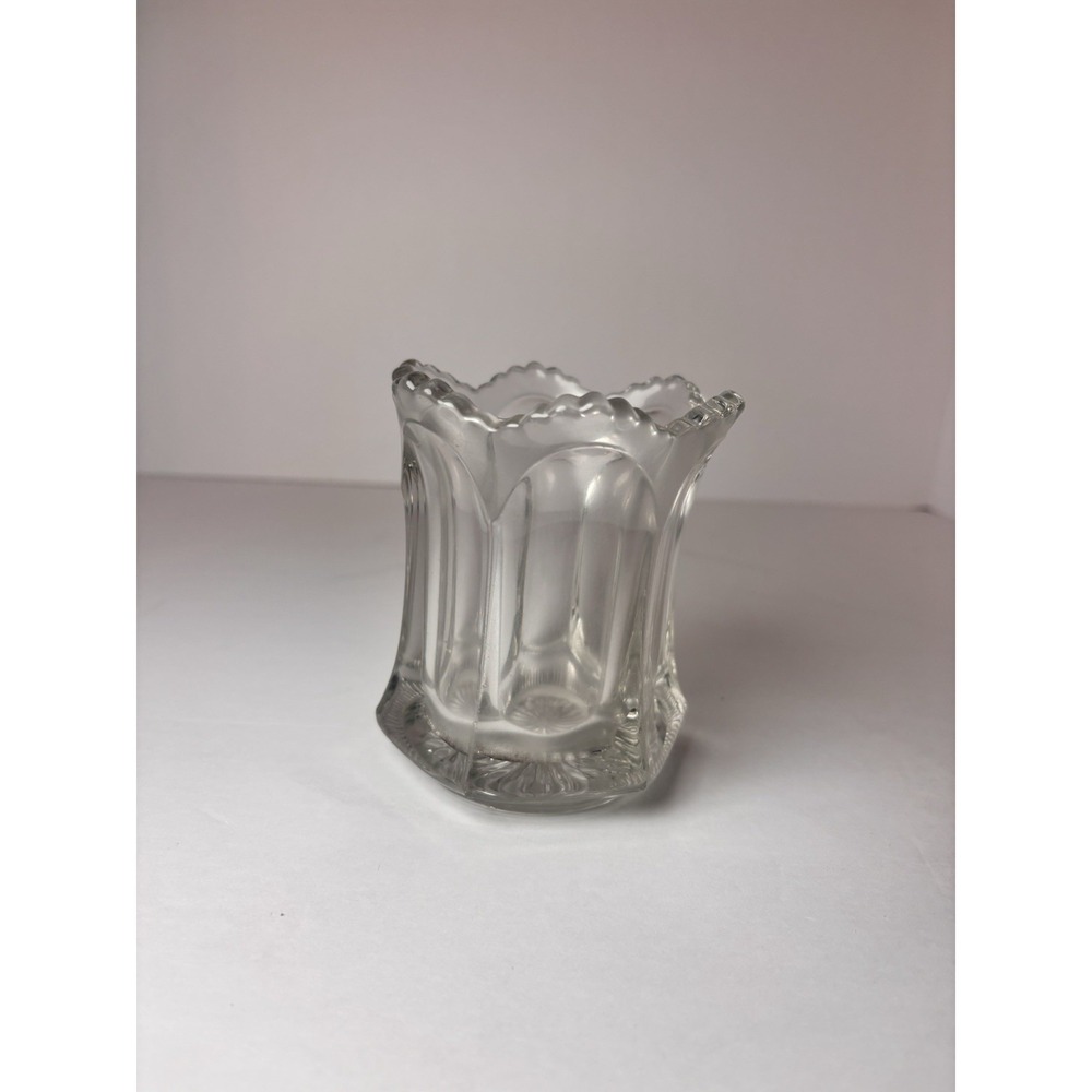 Vintage Clear Pressed Glass Spooner Celery Vase Scalloped Rim 4" Tall